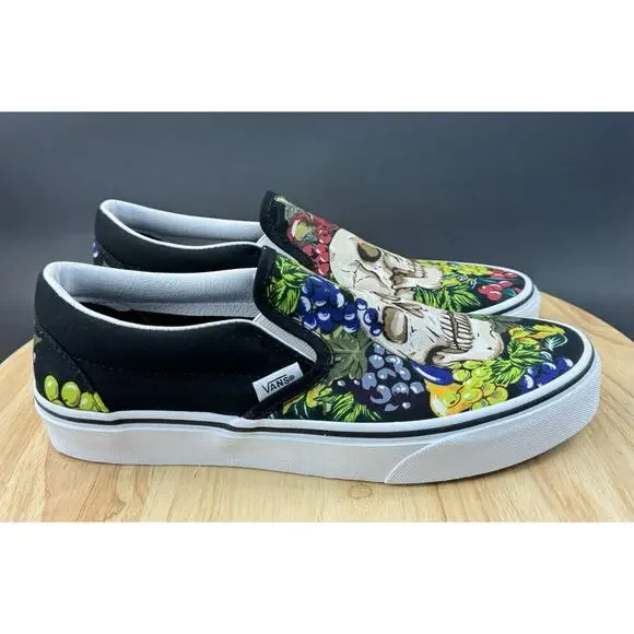 Vans Classic Slip-On Fruit’ Skull Black White Canvas Shoes Sz Men 8.5 Women 10 - Picture 1 of 13